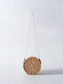 手工编织藤包，圆形柳条编织手提袋，带仿珍珠手柄的礼品篮，可用作单肩包、纪念品袋、家居装饰、秋冬礼物、田园风、夏季服装 - 卡其色 - 查看 5