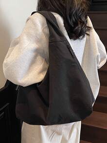 大号和小号纯色休闲帆布单肩包，大容量大学生手提包，可折叠，轻便，多口袋和拉链开合，适合日常使用、购物、短途旅行、露营