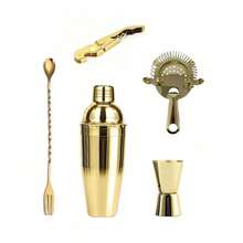 5件套金色鸡尾酒调酒器套装、马提尼调酒器套装和调酒师套装，包含玛格丽塔鸡尾酒调酒器、量杯、搅拌勺和滤网。不锈钢调酒棒，用于混合饮料 - 金色5件套 - 查看 12