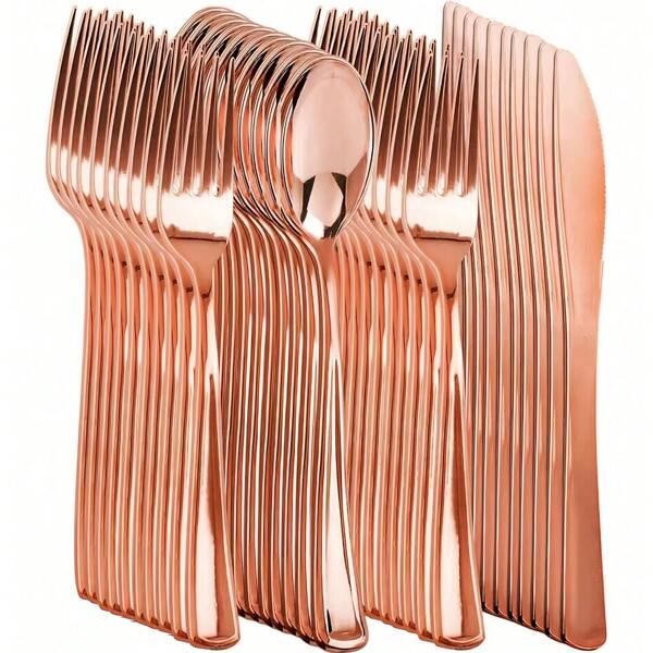 Pink Rose Gold Reusable Dinnerware Set, Unbreakable And Dishwasher Safe, Suitable For Weddings, Easter, Graduation Parties, Outdoor Garden Dining Events,School Supplies