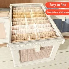 1 pieza Caja de almacenamiento de ropa con cubierta de tela beige, organizador de armario con ventana transparente y plegable, contenedor de almacenamiento de estilo de cajón para el hogar para jeans - Beige con tapa - Ver 3