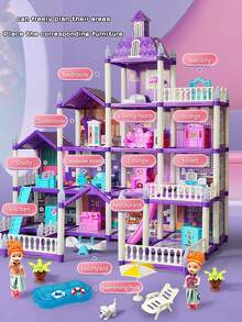 Lila Villa Puppenhaus-Set mit Leuchtfunktion (Puppe nicht enthalten), Spielhaus-Spielzeug für Jungen und Mädchen, Möbel-DIY Puppenspielset mit mehreren Räumen, Prinzessinnen-Schloss Spielzeug-Set, Weihnachts- und Neujahrsgeschenk für Mädchen - Verschiedenfarbig - Übersicht 6