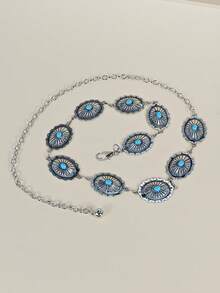 زنجيل خصر معدني منحوت على الطراز الشرقي القديم قطعة واحدة، حزام خصر من المعدن بأسلوب بوهيمي، لون فضي كلاسيكي، عدة ثقوب للتعديل، إكسسوارات جسمية مناسبة للاستخدام اليومي والرحلات والأعياد والهالوين