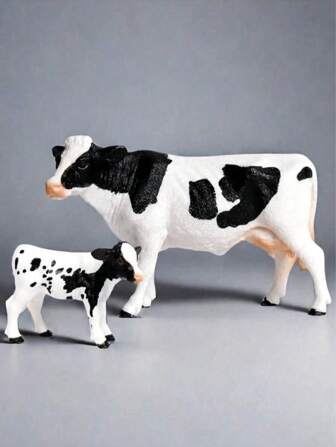 1 pièce - Modèle de vache noir et blanc, figurine statique miniature unicolore de vache et de veau, vache, animal de ferme, ferme, animal jouet, bétail miniature, jouet de grange, ferme d'animaux, jouet modèle animal