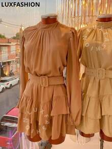 Duna Boho Chic Long Sleeve Ruffle Dress With Elegant Belt - Coffee - View 4