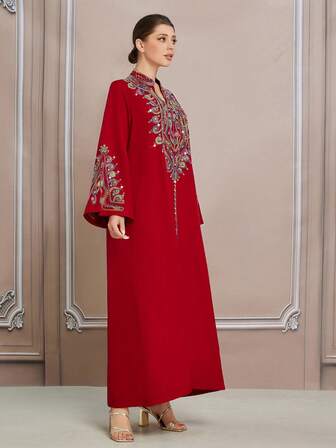 Large-Scale 3D Embroidered Red Pattern Elegant Long Robe, High-End Colorful Rope Embroidery Plus Size Robe, Turkish Kaftan, Abaya, BC4603 (Custom Design)