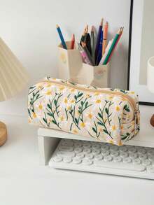 1 Korean Ins Style Daisy Canvas Pattern Large Capacity Pencil Case,Back To School,School Supplies,Pencil Pouch,School Bag - Multicolor - View 10