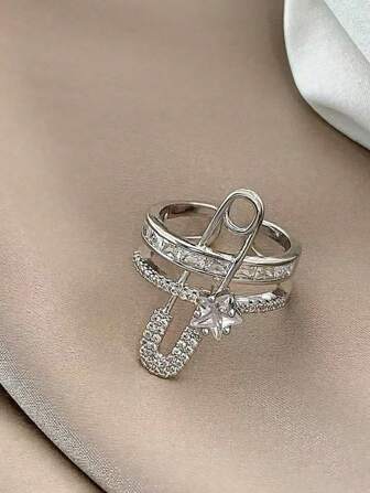 1 件简约时尚金色水钻回形针戒指和闪亮花朵戒指，适合女性日常佩戴