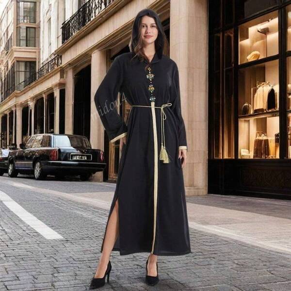 Women's Arabic Style Ribbon Hooded Long Dress, Kaftan, Spring/Summer Casual Loose Wear