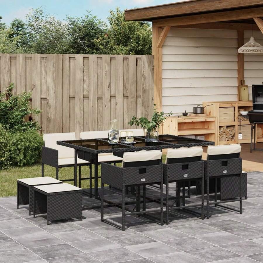 vidaXL Set da Pranzo da Giardino 11 pz con Cuscini in Polyrattan Nero - nero - Visualizzare 1
