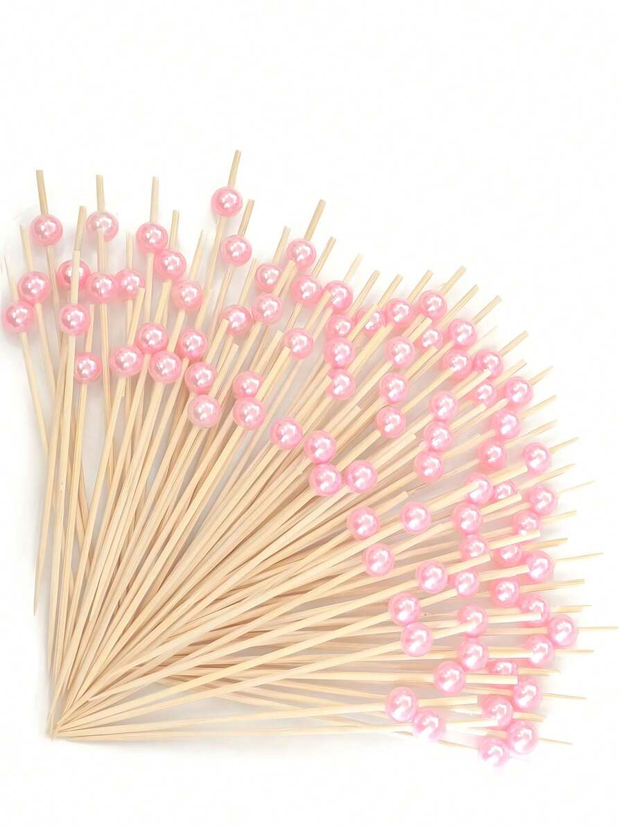 100 piezas Pinchos desechables de fruta con perlas rosas, adecuados para postres de fiesta, pasteles, bebidas, bandejas de aperitivos, sándwiches, frutas, suministros para fiestas navideñas, regalos navideños - Multicolor - Ver 1