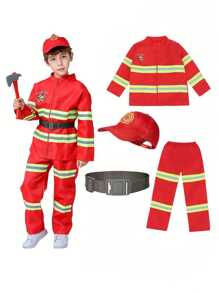 4pcs/Set Fire Chief Role-Playing Costume Set With Realistic Accessories, Firefighter Outfit Suitable For Children Aged 3+ Years