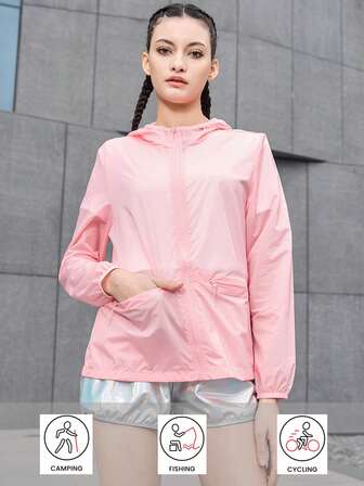 1pc Pink Lightweight Summer Thin Chiffon Sunscreen Jacket, Outdoor Sports Long Sleeve UV Protection Cover Up