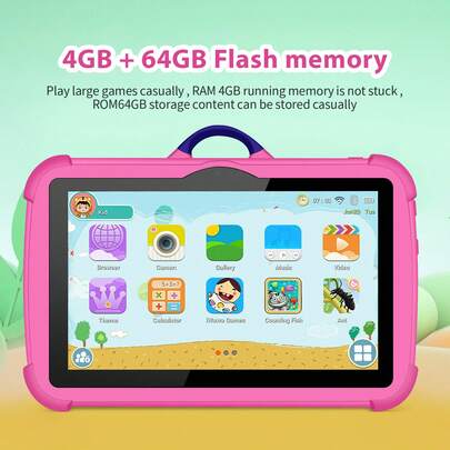 兒童電子學習玩具平板電腦 7 吋 4GB RAM + 64GB ROM 4 核心 1.3GHz Android 13 1280x800 HD 解析度 IPS 螢幕 2MP+5MP 相機 4000mAh 大電池 支援 WiFi 家長控制 教育 遊戲 ABS 塑料 + 矽膠材質（包含：包裝盒 / 數據線 / 使用說明書 / OTG / SIM 卡退卡針）