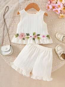 2 pezzi Set top e shorts estivo per ragazze, design con balze in pizzo alla moda, comodo e traspirante, essenziale per l'abbigliamento all'aperto