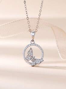 1Pc Gorgeous 925 Silver Butterfly Necklace,Cubic Zirconia Crystal Hollow Pendant Suitable For Women Daily Wear, Gifts For Party And Birthday