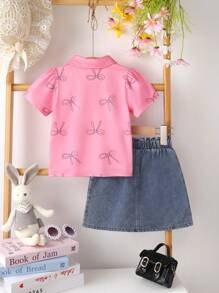 Set de 2 piezas Elegante y de moda para niñas, suave, transpirable y con estilo, blusa de cuello polo con estampado de mariposa de manga corta y falda vaquera azul con bordado de mariposa, apropiada para vacaciones, fiestas, uso casual y diario