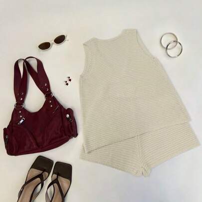 Bộ áo và quần short dệt kim gợi cảm dành cho nữ, thích hợp mặc hàng ngày vào mùa hè, đi nghỉ mát, phong cách quyến rũ, toàn bộ màu trắng.