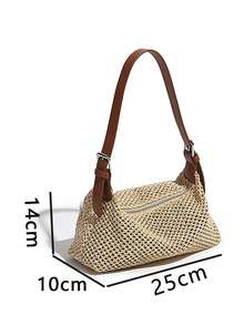 编织草编腋下包，法式简约风夏季女士单肩斜挎包，小众复古女包，轻巧百搭沙滩包，适合度假、旅行、日常佩戴 - 卡其色 - 查看 5