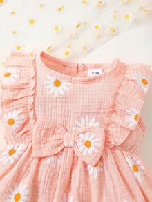 Baby Girls' Summer Dress, Cute Daisy Flower Print Pleated Sleeveless Dress + Headband - Pink - View 6