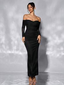 Women's Elegant Ruched Off Shoulder Bodycon Long Dress With Side Slit, Stretch Net Fabric, Suitable For Party, Cocktail, And Everyday Wear Wedding Black - Black - View 4