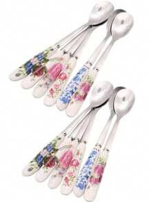6/12pcs Floral Ceramic Handle Coffee Spoon Made Of Stainless Steel, Perfect For Mixing, Sugar, Honey, Ice Cream, And Soup, Practical For Office Afternoon Tea, Elegant Kitchen And Dining Accessories With Rose Pattern Design Back To School