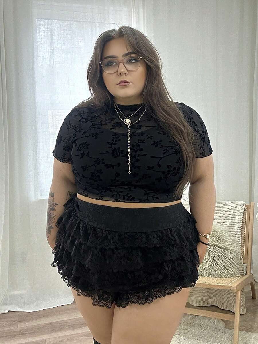 Hourglow Emily_louise_swain Plus Size Velvet Mesh Stand Collar T-Shirt, For Winter, For Hourglass Body Shape - Black - View 1