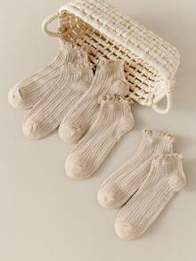 6 Pairs Women's Khaki Short Socks, Cute All Season Versatile Casual Socks, Cable Knit Socks, JK Style Princess Socks, Spring/Summer - Khaki - View 2