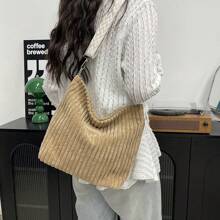 Women's Corduroy Shoulder Bag - Soft Plush Solid Color, Casual Handbag, Bohemian Wide Shoulder Belt, Lightweight Messenger Bag, Suitable For Daily, Shopping And Travel | Polyester Lining, Zipper Opening And Closing, Adjustable Shoulder Belt, Cosmetics And Key Storage