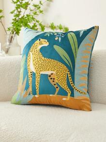 1pc Leopard Floral Embroidery Throw Pillow Cover, Suitable For Living Room, Bedroom, Party, Home Decor, All Season