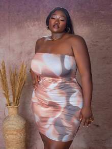 CurvyTilda Tildaharris Plus Size Women Marble Printed Strapless Bodycon Party Dress For Women (Random Floral Print), For Hourglass Body Shape - Brown - View 7