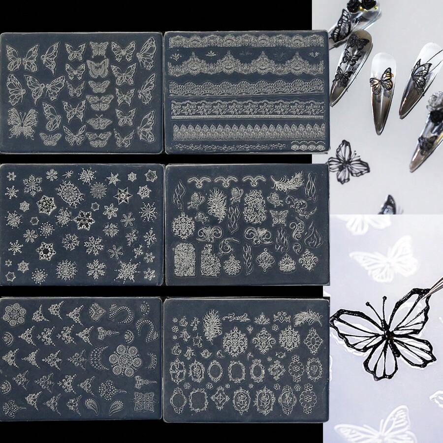 6PCS 3D Mold Silicon Glue Nail Decoration Ultra -Thin DIY Template Retro Border Butterfly Flower Design, Suitable For Nail DIY - White - View 1