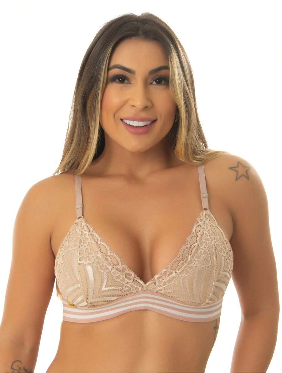 Non-Padded Lace Top Bra With Elastic Trim. - Màu be - Xem 1