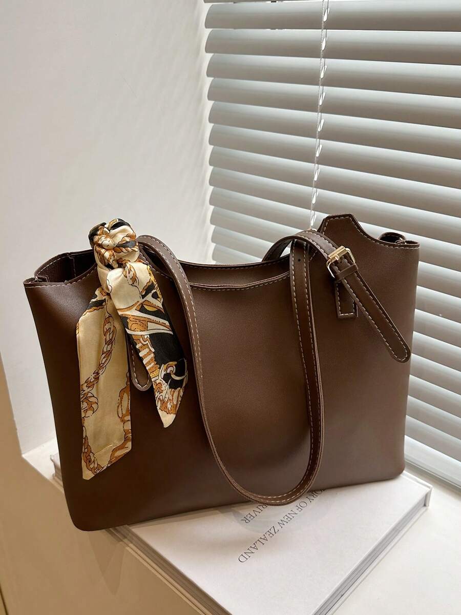 Geantă tote din piele moale retro europeană și americană pentru femei, geantă de umăr personalizată de mare capacitate, design minimalist potrivit pentru birou/navetă, colecția de primăvară 2025 - cafea maro - Vizualizare 1