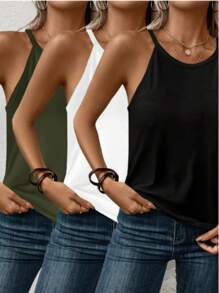 3pcs Set Women Casual Solid Neck Hanging Sleeveless Tank Top