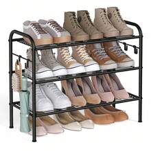 Shoe Rack, 3-Tier Shoe Organizer, Metal Shoe Shelf Storage With 4 Side Hooks, Holds 12 Pairs Of Shoes, Height-Adjustable Shoe Rack For Entryway, Hallway, Closet, Easy Assembly - Black - View 8