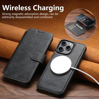  SUTENI PU 皮革无线充电卡夹支架钱包磁力翻盖手机壳适用于 16 Pro Max 15 Plus 14 13 12 黑色