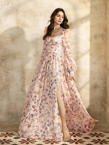 Faeriesty 印花优雅花卉印花长裙，修身紧身胸衣和甜心领口 - 主教袖和深 V 形背部细节，适合花园派对、户外婚礼和春季庆典 - 珊瑚粉 - 查看 7