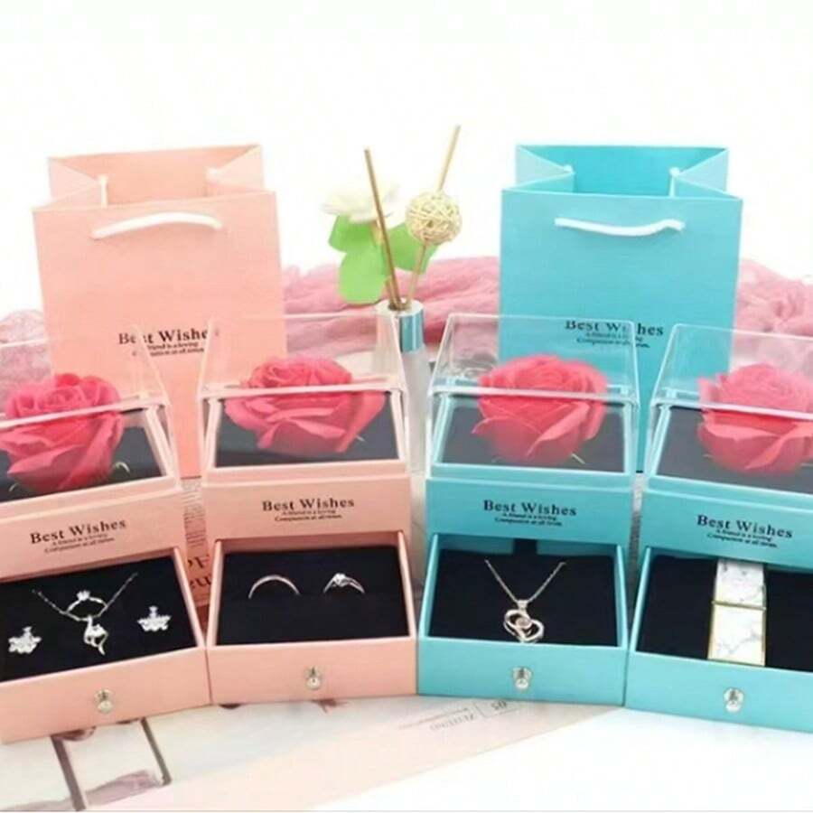 1pc Rose Flower Black Gift Box, Acrylic Jewelry Box For Necklace & Earring Set - Multicolor - View 1