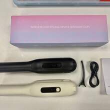 无绳直发器、卷发器和拉直头发二合一，便携式平板加热熨斗，4 档可调温度，USB 充电，LED 显示屏，快速加热，适合家庭旅行使用的迷你直发器