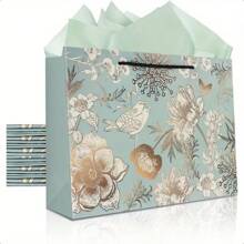 Borsa regalo grande riutilizzabile e vintage, pesante e robusta, con motivo floreale, senza carta velina inclusa, adatta per regali per compleanni, matrimoni, feste, festa della mamma e altre occasioni speciali, verde