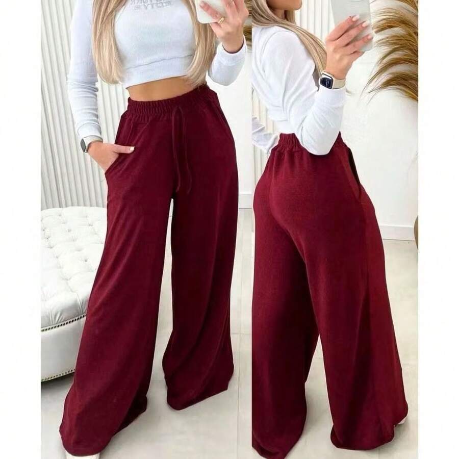 Women's Cold Weather Wide Leg Pants, Winter Fashion 2025 - Màu Đỏ Sâu - Xem 1