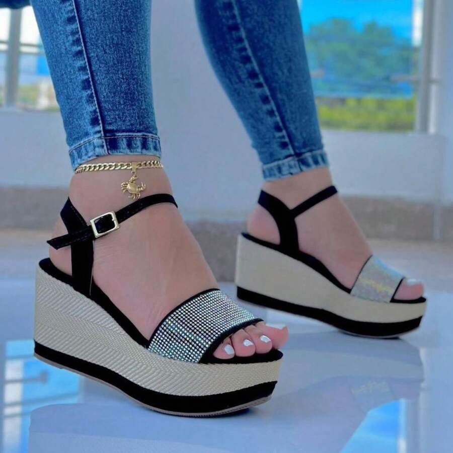 Frida Platform Plain Elegant Polyester Rhinestone Party - Black - View 1