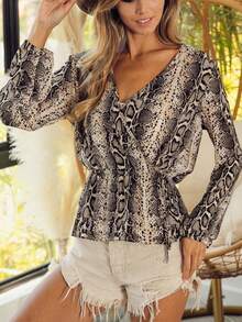 Womens Casual Blouse Chic Snake Print Wrap Top Elegant V Neck Long Sleeve Peplum Shirt Fashion Drawstring Waist Beige Black Animal Pattern Boho Summer Beach Party Going Out Fashion Vacation Top - Yến mạch - Xem 1