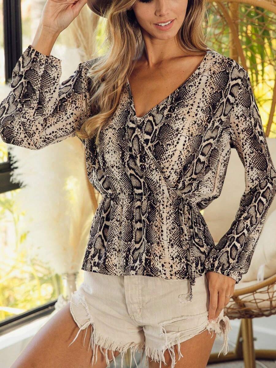 Womens Casual Blouse Chic Snake Print Wrap Top Elegant V Neck Long Sleeve Peplum Shirt Fashion Drawstring Waist Beige Black Animal Pattern Boho Summer Beach Party Going Out Fashion Vacation Top - Yến mạch - Xem 1