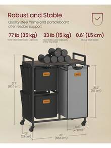 Laundry Hamper With 3 Compartments, 100 L Laundry Sorter, Rolling Laundry Cart With Shelves, Removable Liners, 6 Labels, Ink Black And GreyLaundry Baskets Back To School - Black - View 6