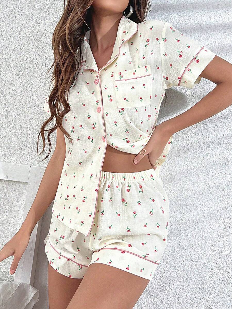 2Pcs Pj Sets For Women : Short-Sleeve Button-Down Top & Shorts - Lounge Sets For Women - trắng - Xem 1