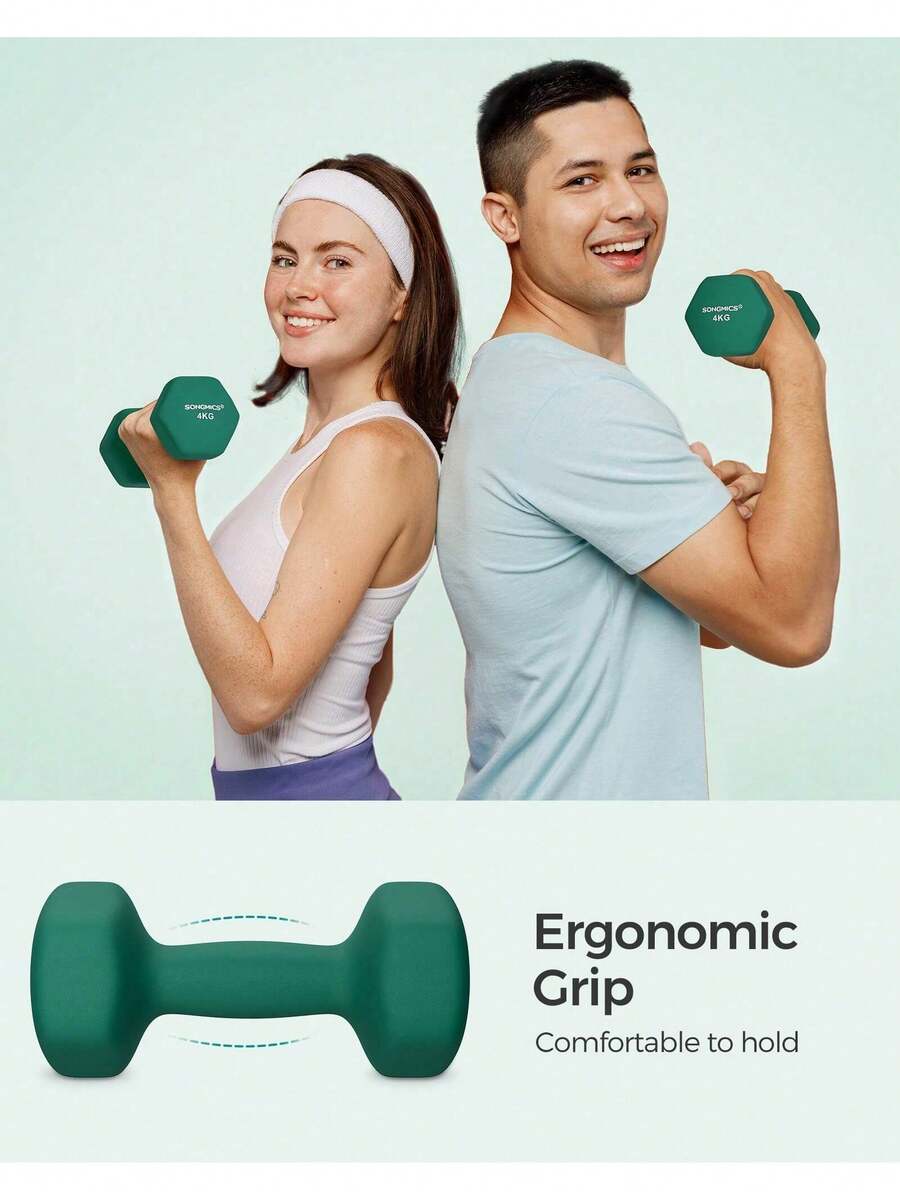 Set Of 2 Dumbbells, Hexagonal Dumbbells Pair, Home Workout, Fitness Training Exercise, Green - Green - View 1