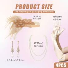 4Pcs Vintage Costume Set, Women's Black Tassel Feather Hairband Jewellery Set, Pearl Necklace With Rhinestone Earrings Lace Gloves Victorian Decoration, Party Prom Dress Decoration Accessories Halloween