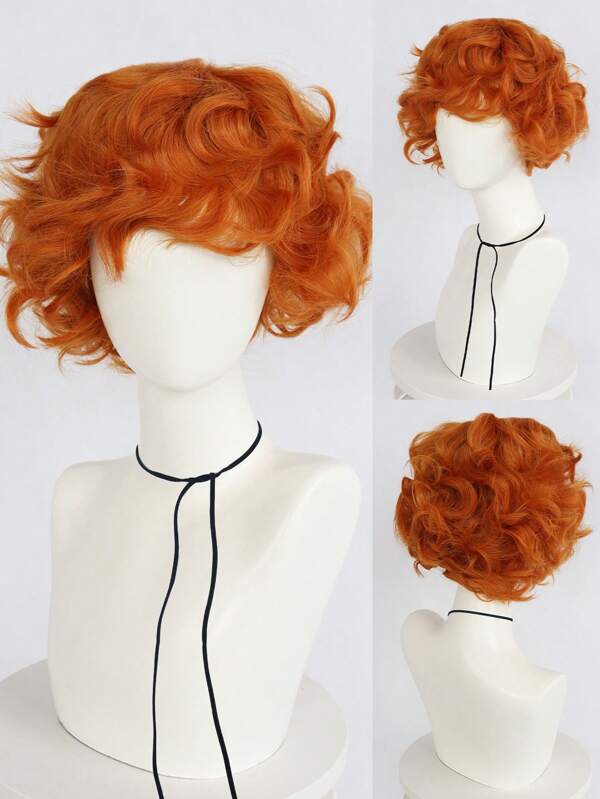 Perruque de Cosplay Anime Bouclée Orange Courte pour Homme avec Franges, pour Halloween, Fêtes Scolaires, Costumes. Perruque de Cheveux Synthétiques Résistante à la Chaleur pour Carnaval, Vacances, Photographie, Comic Con, Dessins Animés. Idéal Pour Thanksgiving, Noël